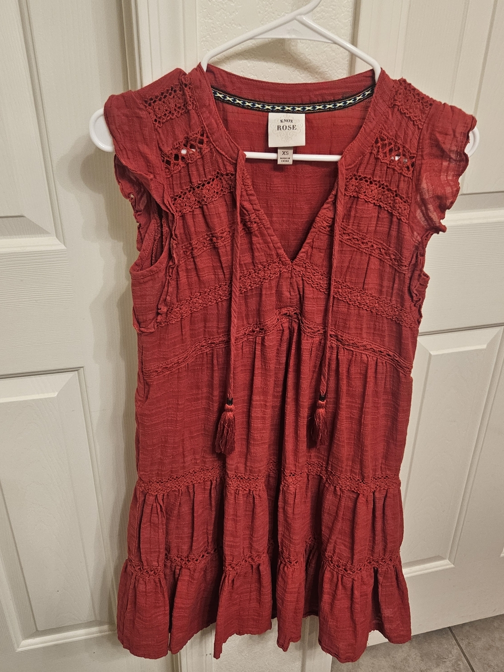 Knox Rose Rust Red Textured Peasant Top with Embroidered Trim